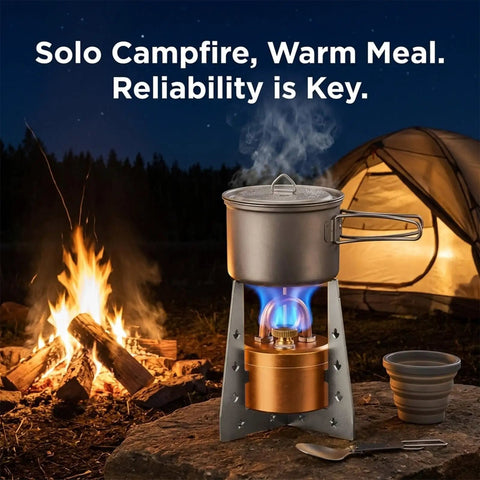 High Power Mini Alcohol Stove Spirit Burner for camping and backpacking beside campfire, tent in background