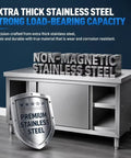 Gutsy No Nonsense Stainless Steel Workbench With Double Sliding Doors Heavy Duty Prep Table showcasing extra thick stainless steel.
