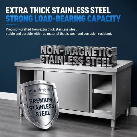 Gutsy No Nonsense Stainless Steel Workbench With Double Sliding Doors Heavy Duty Prep Table showcasing extra thick stainless steel.