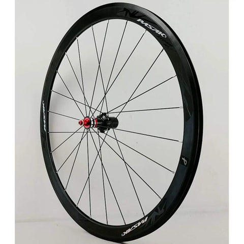 700C Road Bike Wheelset With Carbon Fiber Hub And 40mm Matte Aluminum Rim, front view with red hub, stainless steel spokes visible