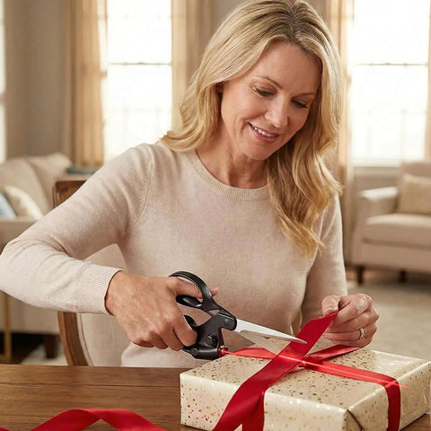 Side view of professional laser-guided sewing scissors with upgraded ergonomic handle cutting red ribbon on a gift