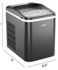 Compact Pebble Ice Maker For Countertop, Nugget Ice Machine That Cranks Out Chewable Pellets In 8 Minutes, Delivers Up To 26 Lbs Per Day, One Touch Clean, Ice Scoop And Basket Included, Sleek Black with dimensions.