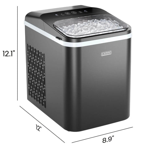 Compact Pebble Ice Maker For Countertop, Nugget Ice Machine That Cranks Out Chewable Pellets In 8 Minutes, Delivers Up To 26 Lbs Per Day, One Touch Clean, Ice Scoop And Basket Included, Sleek Black with dimensions.