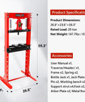 20 Ton Hydraulic Shop Press With H Frame Adjustable Floor Stand shown with dimensions and included accessories list