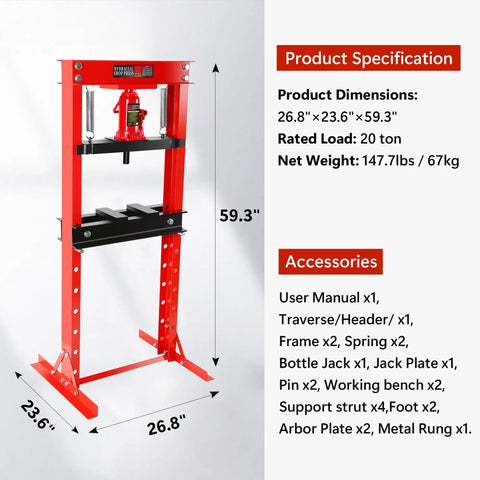 20 Ton Hydraulic Shop Press With H Frame Adjustable Floor Stand shown with dimensions and included accessories list