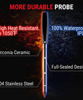 Diagram of wireless meat thermometer probe showing zirconia ceramic and stainless steel, heat resistant to 1050°F, waterproof IPX8.
