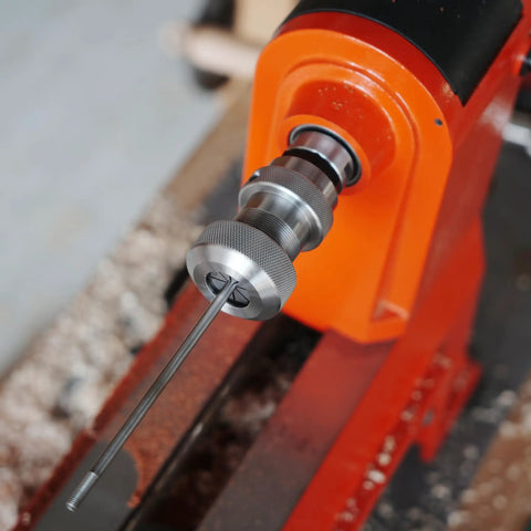 Close-up of Crush Complex Turns On Your Lathe With This Badass ER32 Collet Chuck Kit on lathe with spindle adapter.