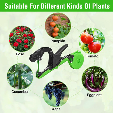 Updated Plant Tying Machine Kit With Auto Tape Gun And Slick Garden Binding Tool For Tomato Pepper Plants shown with various plants.