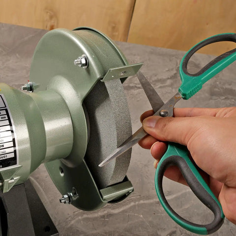 Using 6 Inch Silicon Carbide Bench Grinder Wheel With Half Inch Arbor And Durable Wire Brush, 120 Grit for sharpening scissors