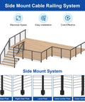 36 Inch Side Mount Cable Railing Post Kit With Fascia Deck Brackets Slick Black Swageless Stainless Steel Cable Rails installed on deck with stairs.