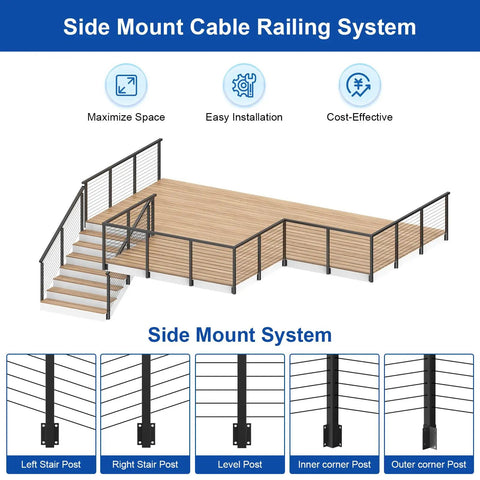 36 Inch Side Mount Cable Railing Post Kit With Fascia Deck Brackets Slick Black Swageless Stainless Steel Cable Rails installed on deck with stairs.