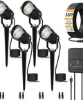 Low Voltage Landscape Lighting Kit Plug And Play With Dusk To Dawn Transformer For Yard And Garden Outdoor Led Spotlights 4 Pack 33 Foot Wire Waterproof 3000K Warm White 12 24V Easy Install showing 4 LED spotlights, transformer, and wire