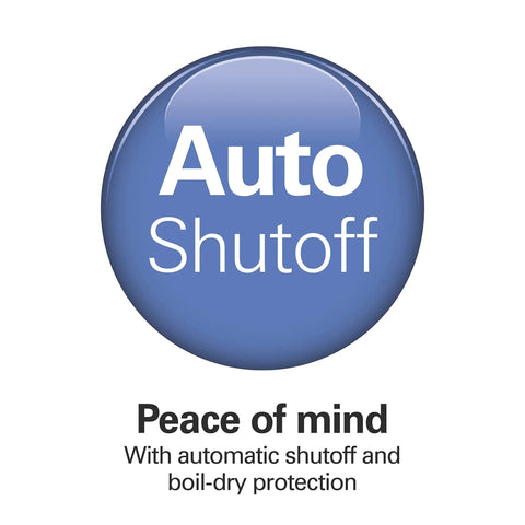 Close-up of blue "Auto Shutoff" button from the 1.7 Liter Temperature Control Electric Kettle with 6 Presets, BPA Free.