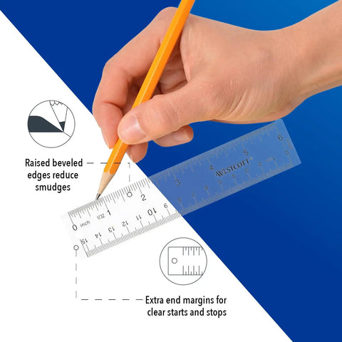 Hand using Crystal Clear Acrylic Ruler 6 Inch Beveled Edge With Easy To Read Markings for precise drawing on paper