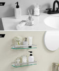 Before and after of bathroom with Floating Glass Shelves For Bathroom, 14 Inch Tempered Glass With Aluminum Brackets, 2 Pack, Silver.