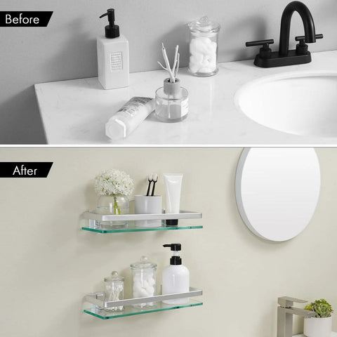 Before and after of bathroom with Floating Glass Shelves For Bathroom, 14 Inch Tempered Glass With Aluminum Brackets, 2 Pack, Silver.