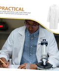 Man wearing Men's White Lab Coat Long Sleeve Scrub Jacket for Medical Students and Docs, working in laboratory.