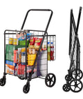 Folding Shopping Cart With Heavy Duty Metal Frame, 110 Lb Load Capacity, Anti Scratch And Rust Resistant Powder Coated Finish, Extra Back Basket