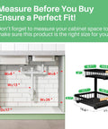 Heavy Duty Under Sink Organizer With Smooth Metal Slide Out Drawers That Are A Total Knockout For Taming Messy Cabinets And Handling The Heavy Lifting Around The House In Black Two Pack size measurements in a cabinet with white backsplash.