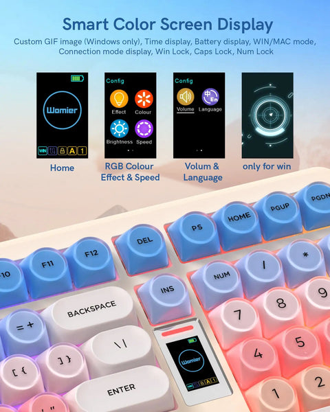 Smart color screen display on Pink Creamy Ultimate Mechanical Keyboard With Integrated Display Screen Tri Mode Hot Swappable Switches Wireless 98 Layout Gaming Board For True Dope Rigs.