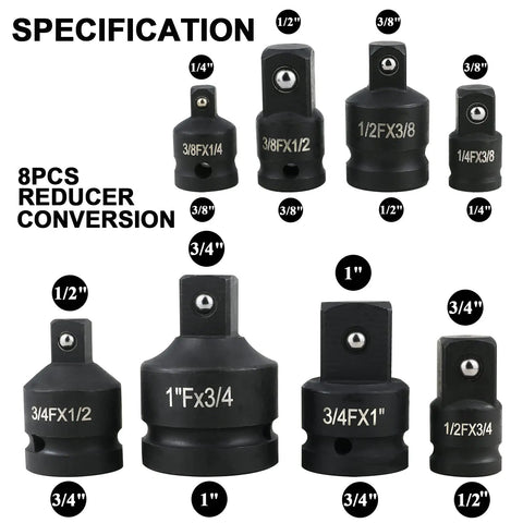 8-piece reducer conversion from the 11 Piece Impact Adapter And Reducer Set With Universal Joint Swivel Sockets for various drive sizes.