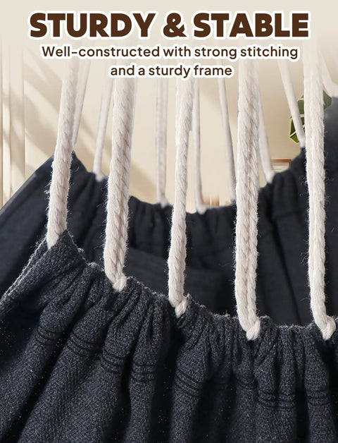 Close-up of Cozy Hammock Chair Swing With Two Pillows Included, strong webbing straps and hooks for easy hanging, soft cotton.