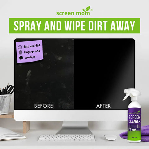 Before and after screen cleaning with 1 Gallon Screen Cleaner Refill With Dispensing Tap For Streak Free Screens TV Computer Phone Tablet