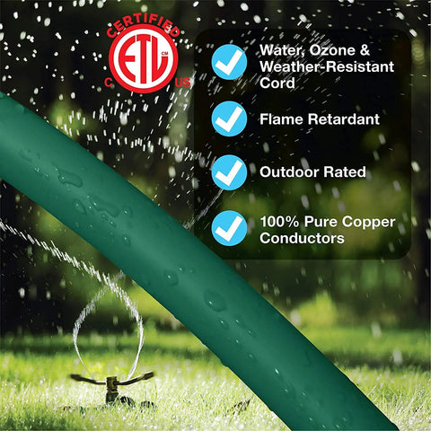 8 Ft Heavy Duty Extension Cord 16/3 SJTW Black Waterproof Weather Resistant Flame Retardant With Grounded 3 Prong Plug shown with water