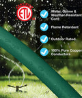 Close-up of a green cord promoting water resistance and flame retardant features, representing the Blue 50 Foot 16 Gauge 3 Prong Grounded Extension Cord With Abrasion Resistant Jacket Water Repellent Shield And Flame Retardant Safety For Outdoor And Indoor Use Rugged Heavy Duty.