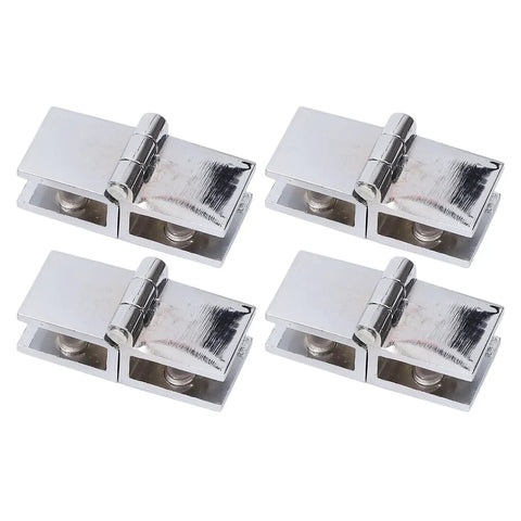Top Notch Shower Glass Door Hinges 4 Piece Set 180 Degree Double Sided Clamp for 5 to 8 mm glass, sturdy silver finish.