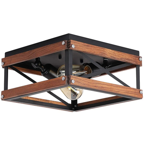 Rustic Farmhouse Two Light Flush Mount Ceiling Light In Black With Metal And Wood Square Frame For Hallway Bedroom Kitchen Entryway Industrial Vintage Style