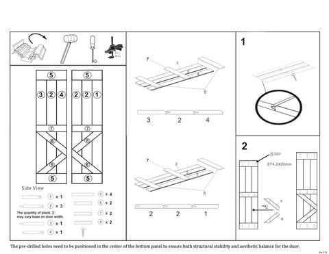 Installation instructions for 36 Inch By 84 Inch DIY Wood Bi-Fold Barn Door Kit With Carbon Gray Stain, hardware and components shown.