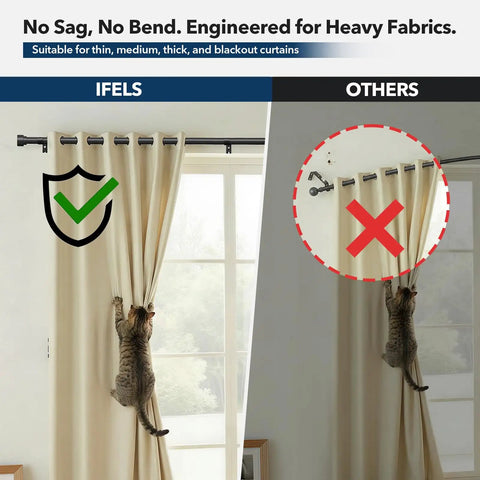 Comparison of heavy duty black curtain rod for windows, shows strength supporting a curtain with a climbing cat