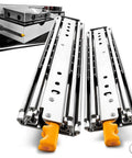 Premium Dead Quiet Heavy Duty Drawer Slides Featuring Smooth As Butter Ball Bearing Glide And Quick Detach Design For Full Extension Cabinet Hardware Built Like A Tank, showing shiny steel glides with orange pull handle.