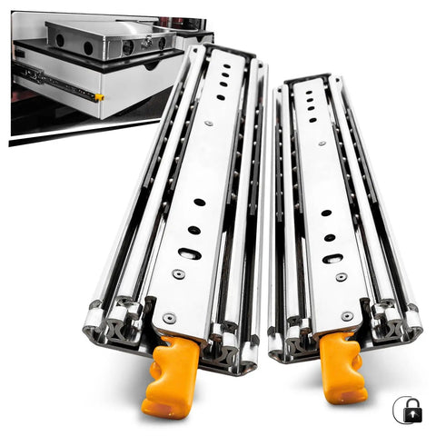 Rock Solid Heavy Duty Ball Bearing Drawer Slides Full Extension Cabinet Hardware 500mm pair with push lock and steel build.