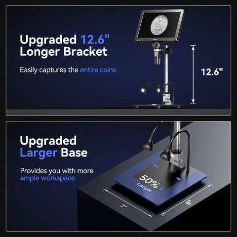20MP Digital Microscope With 10 Point One Inch HD IPS Screen Go To Gear For Coins Stamps Jewelry And DIY Repairs LCD Soldering Microscope For Adults 10 LED Lights PC And TV Compatible 16GB, 12.6in bracket