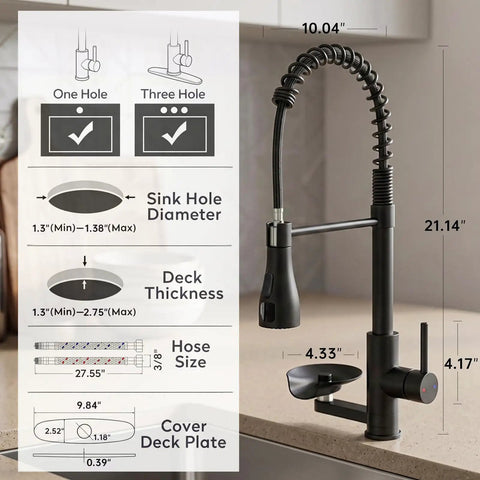 Dimensions and specifications of Commercial Grade Kitchen Workstation Faucet with with Glass Rinser & LED on countertop.
