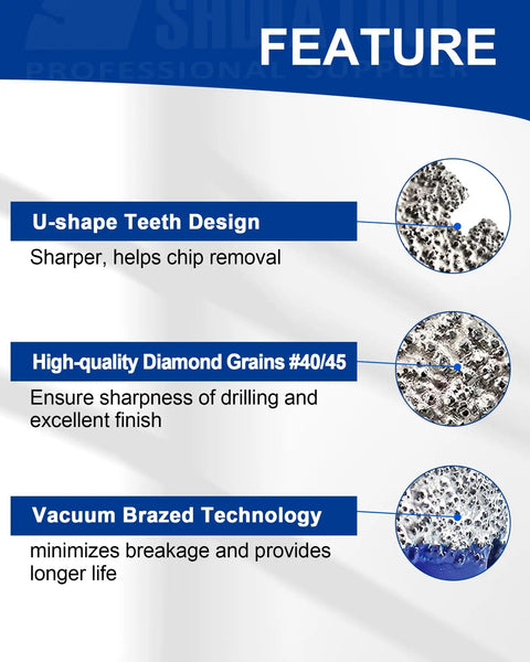 Features of Diamond Drill Core Bits Set With Triangle Shank For Porcelain Tile Marble Ceramic Granite 11 Piece Hole Saw Drill Bit Kit