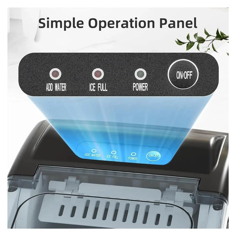 Hella Fast Portable Countertop Ice Maker Drops Fresh Cubes In Six Minutes With Sturdy Carry Handle Self Cleaning Tech Pushes Out Twenty Six Pounds Daily Anytime operation panel with buttons for water, ice full, and power.