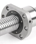 Close-up of High Precision SFU3205 Ball Screw With RM3205 Ball Nut End Machined For CNC Linear Motion, Smooth Low Backlash Drive, Steel Build