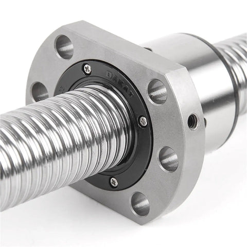Close-up of High Precision SFU3205 Ball Screw With RM3205 Ball Nut End Machined For CNC Linear Motion, Smooth Low Backlash Drive, Steel Build
