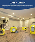 Heavy Duty 4 Pack Industrial Air Movers Kickin Out Massive 3000 Cfm Airflow For Zero Sweat Carpet Drying And Water Damage Cleanup with daisy chain setup in a basement.