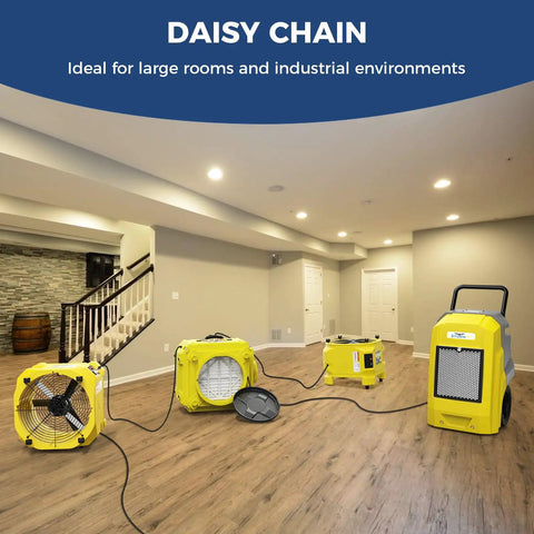Heavy Duty 4 Pack Industrial Air Movers Kickin Out Massive 3000 Cfm Airflow For Zero Sweat Carpet Drying And Water Damage Cleanup with daisy chain setup in a basement.