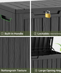 90 Gallon Waterproof Deck Box With Lockable Lid For Patio Storage Cushions Pool Gear Garden Tools And Packages Weatherproof Resin Outdoor Storage Bench showing built-in handle, lockable lid, rattan texture, and large opening