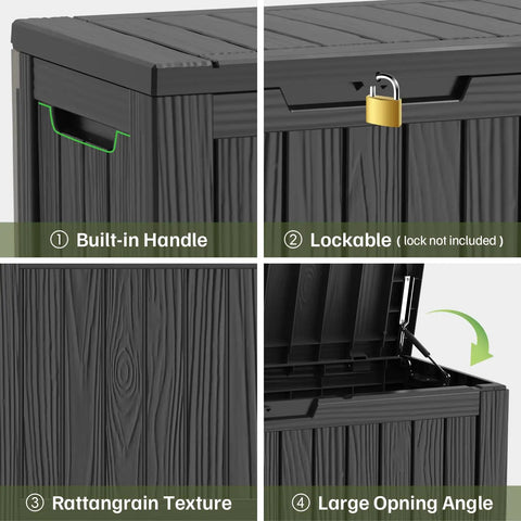 90 Gallon Waterproof Deck Box With Lockable Lid For Patio Storage Cushions Pool Gear Garden Tools And Packages Weatherproof Resin Outdoor Storage Bench showing built-in handle, lockable lid, rattan texture, and large opening