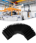 Built Tough Flexible Telescopic Protective Cover For CNC Linear Guides in black, folded, displayed in industrial setting