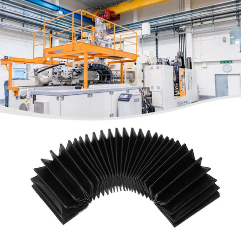 Built Tough Flexible Telescopic Protective Cover For CNC Linear Guides in black, folded, displayed in industrial setting