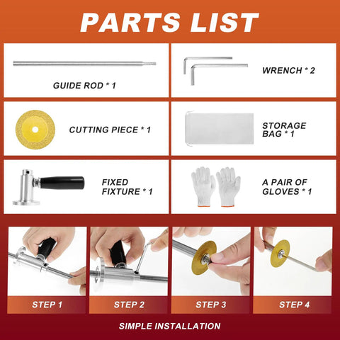 Inside PVC Pipe Cutter Kit parts list and installation steps with guide rod, wrenches, cutting piece, storage bag, fixture, and gloves.