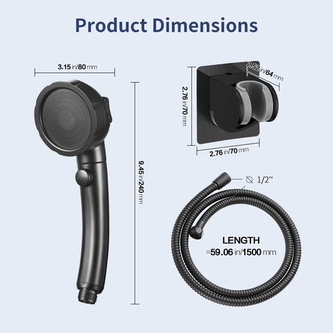 Dimensions of High Pressure Shower Head With Pause Button And Three Spray Modes For RV Camper No Hassle Water Saving Handheld Shower With Hose And Adjustable Self Adhesive Holder Black