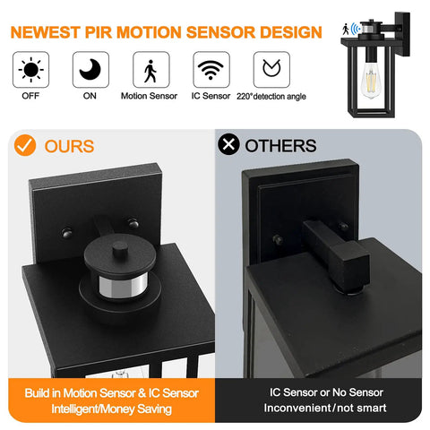 Comparison showing the upgraded motion sensor outdoor wall light with dusk to dawn auto mode matte black exterior porch lamp.